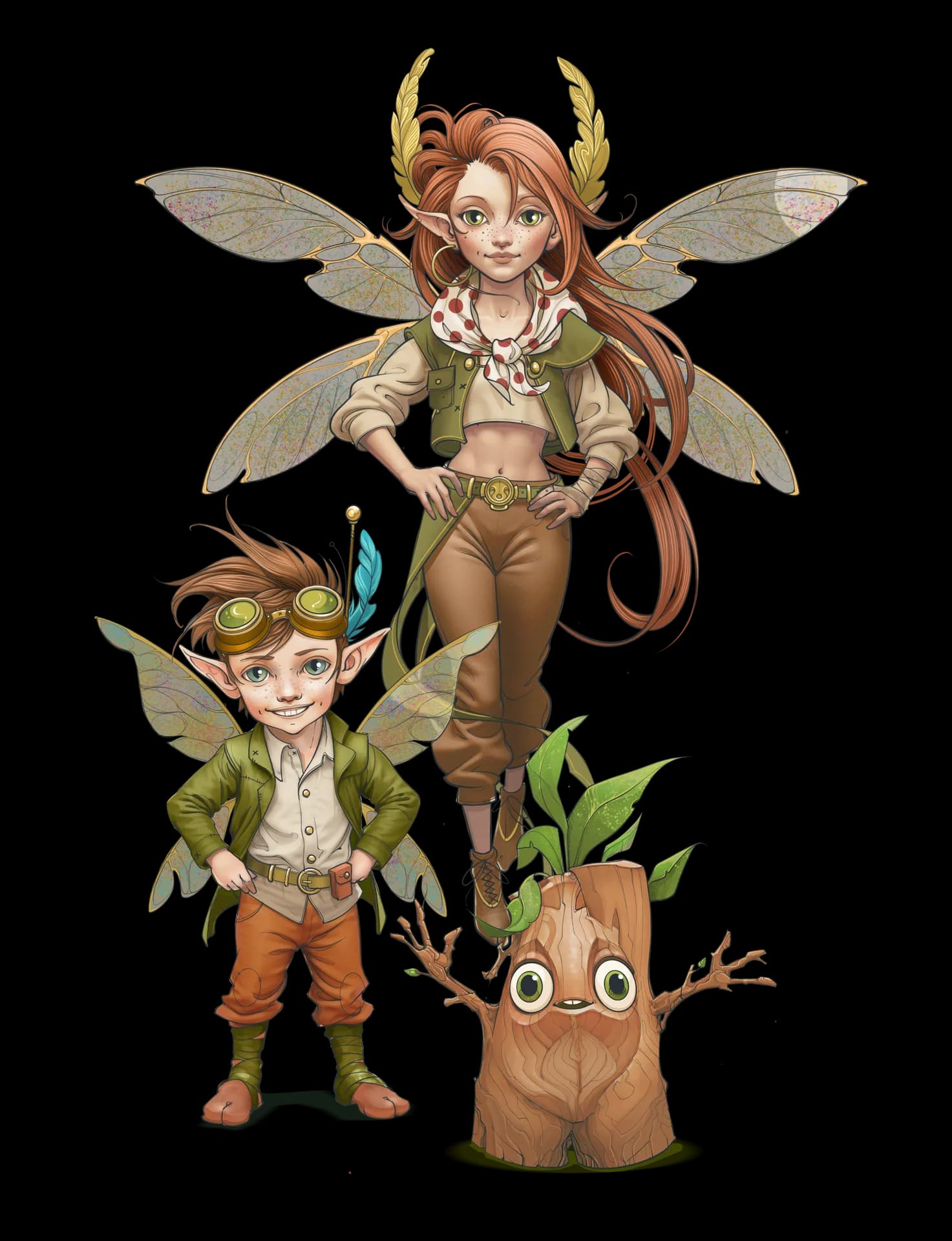 Two whimsical fairies with wings, wearing casual fantasy attire, stand next to a small, animated tree stump with a happy expression.